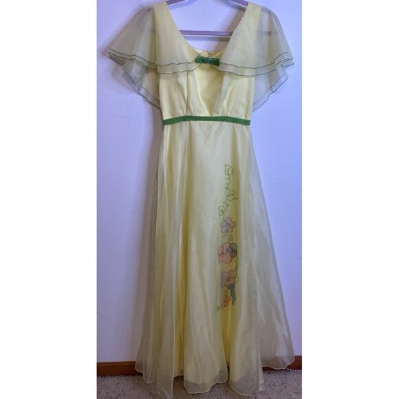 Vintage Union Made Yellow NADINE Chiffon Beauty Flutter Sleeve Maxi Dress  SMALL - Picture 1 of 7